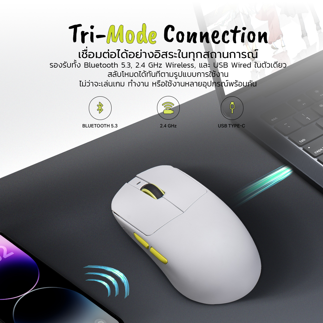 MOUSE TRI MODE : EGA TYPE GM2 PRO WITH CHARGING STATIO (WHITE/GREEN) #2Y