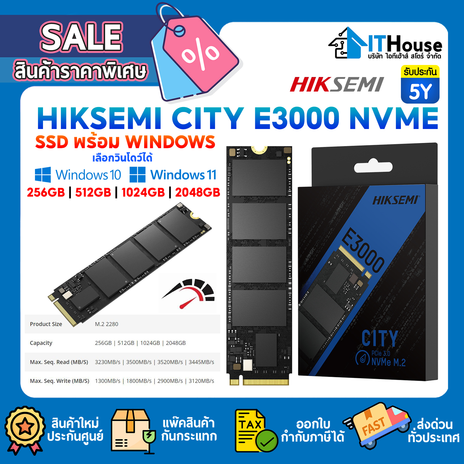 SSD M.2 PCle : 256GB HIKSEMI CITY E3000/256G (HS-SSD-E3000 256G) #5Y