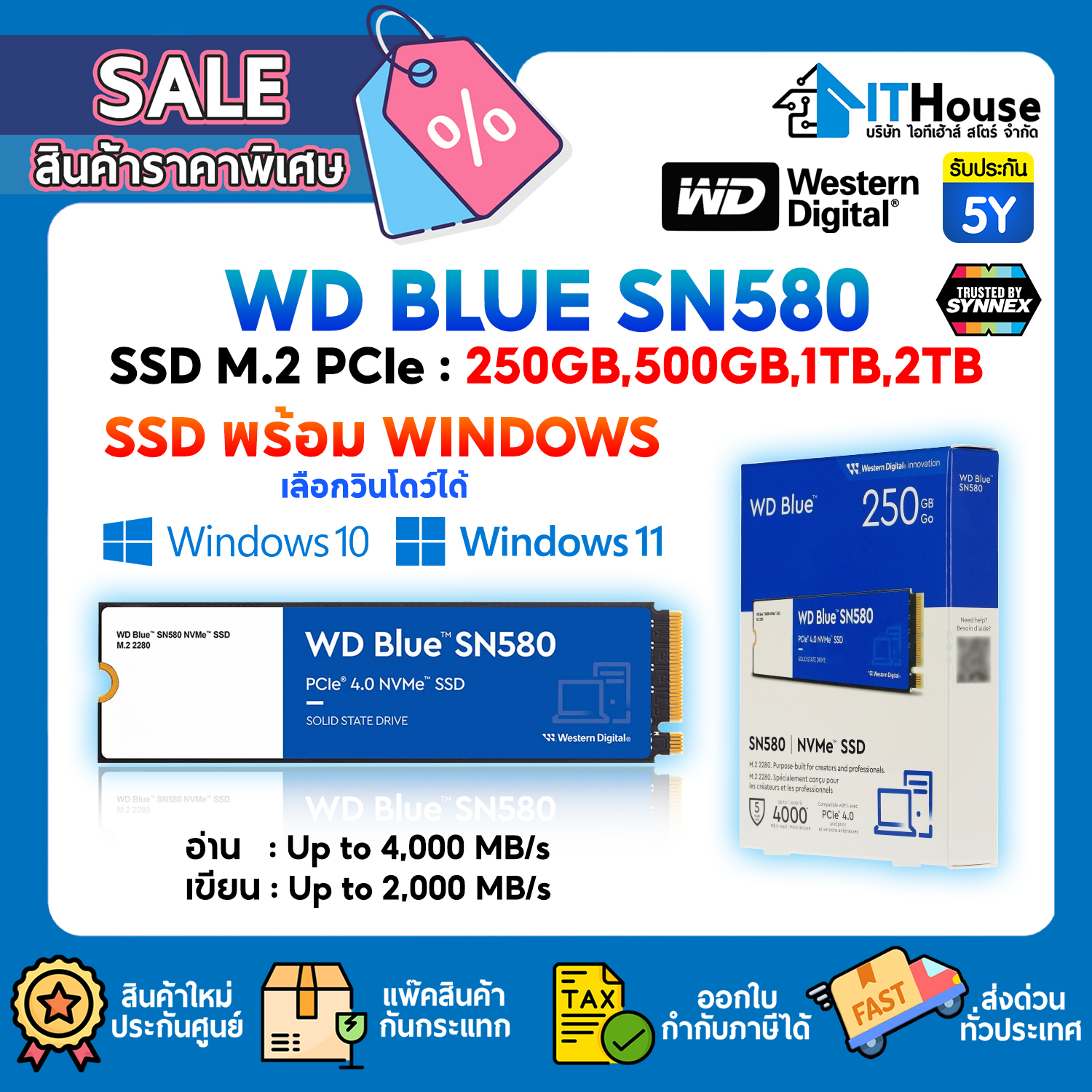 SSD M.2 PCle : 250GB WD BLUE SN580 (WDS250G3B0E) #5Y