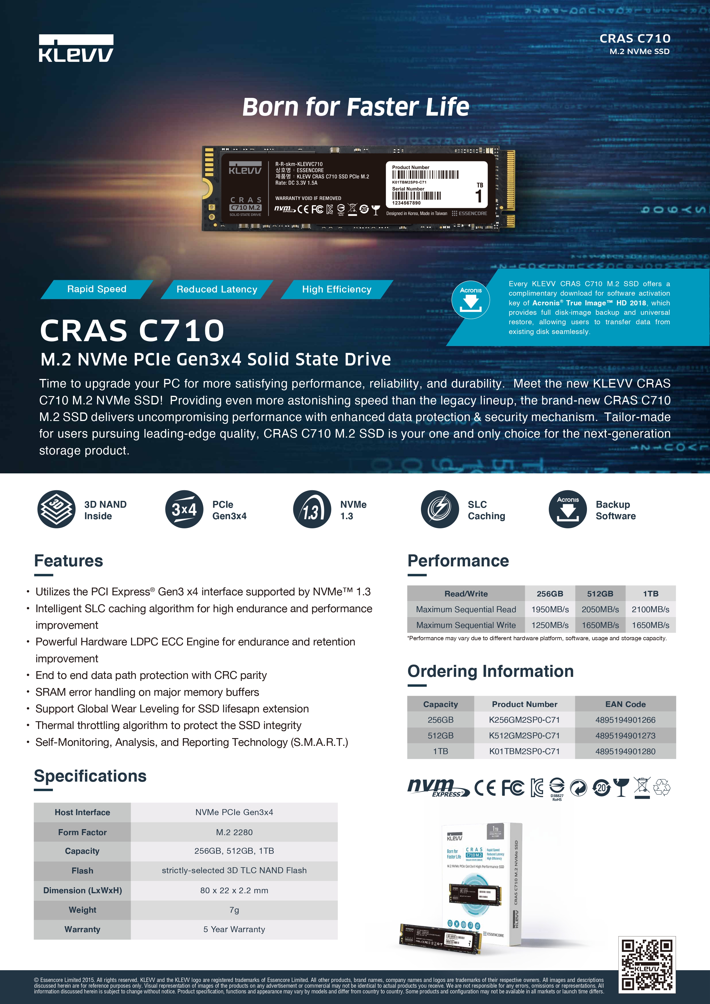 SSD M.2 PCle : 512GB KLEVV CRAS C715 (K512GM2SP0-C7T) #5Y